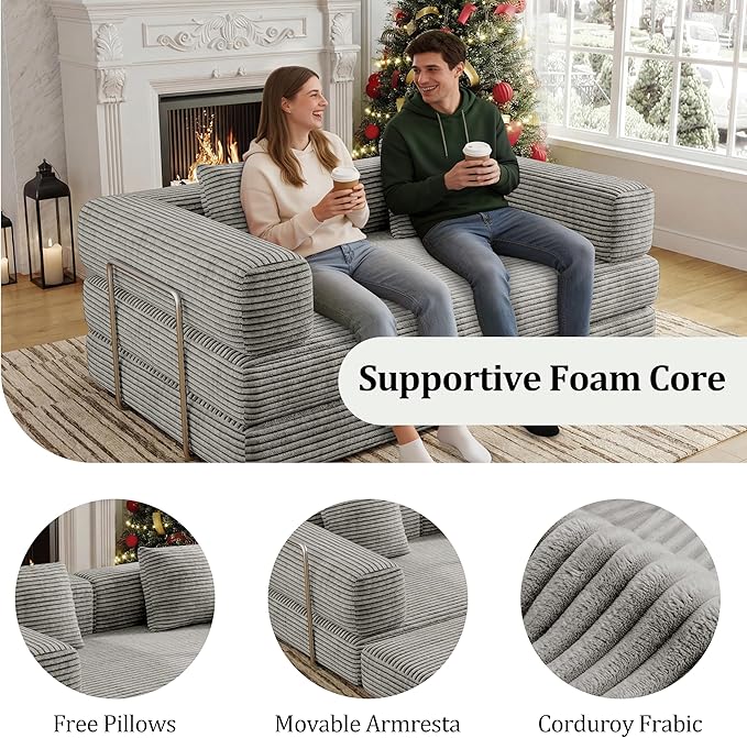 BSHOMGI 4 in 1 Futon Sofa Bed Queen Size - Foldable Convertible Sleeper Sofa Couch with L-Shaped Armrests Space Saving Floor Mattress for Bedroom & Dorm(Light Gray, 59” 2 Seat)