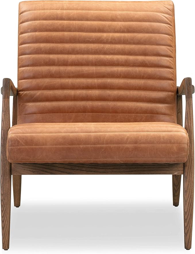 Poly & BARK Rowan Lounge Chair – Mid Century Modern Leather Armchair with Ribbed Seat and Solid Ash Wood Frame, Cognac Tan
