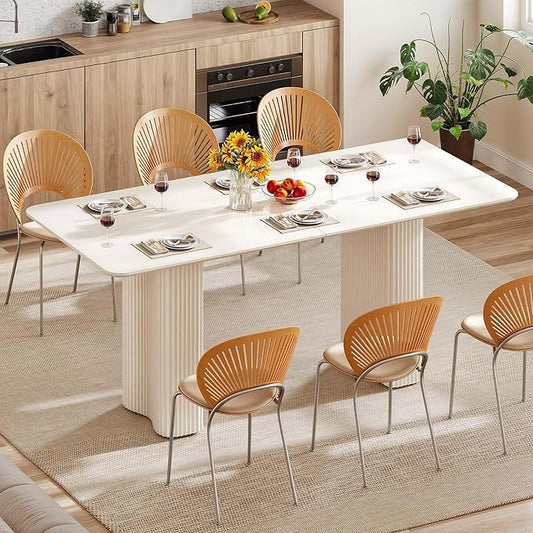 DWVO 70.8 Inch Dining Table for 6-8 People Modern Rectangular Kitchen Table Large Cream White Dinner Table with Solid Wave Curved Legs for Dining Room Kitchen Home Office Apartment, White