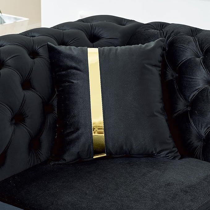 KEIKI 106" L-Shaped Luxury Velvet Chesterfield Sectional Sofa with Gold Stainless Steel Accents and 5 Pillows, Mid-Century Oversized 5-Seater Button Tufted Couch, Easy Assembly, for Living Room, Black