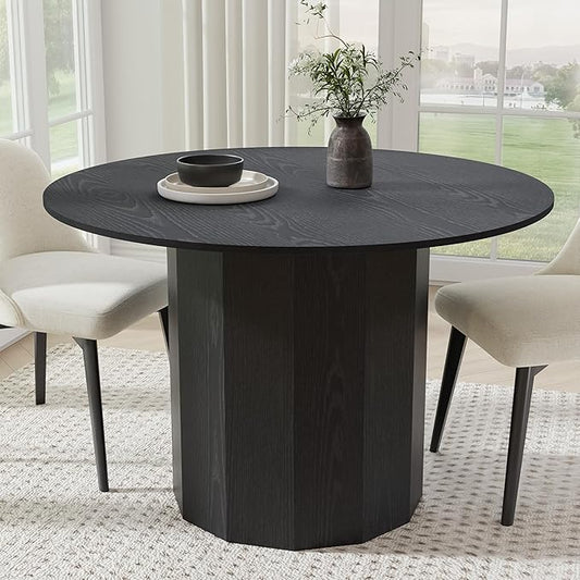 Casaphoria 46" Round Dining Table, Modern Wood Kitchen Table with Cylinder Polygonal Base for Living Room & Dining Room, Easy Assembly Farmhouse Furniture for 4-6, Black
