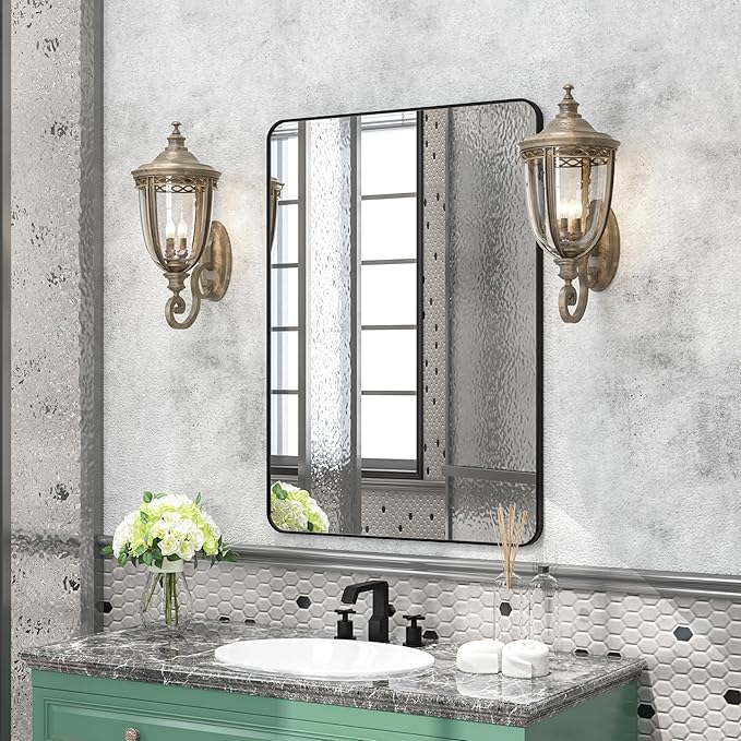 Manocorro Black Bathroom Wall Mirror for Wall,Black 36X24 Inch Rounded Rectangle Mirror,Anti-Rust,Modern Wall Mounted Mirror for Bedroom, Farmhouse,Restroom,Entryway,Horizontal or Vertical Hanging