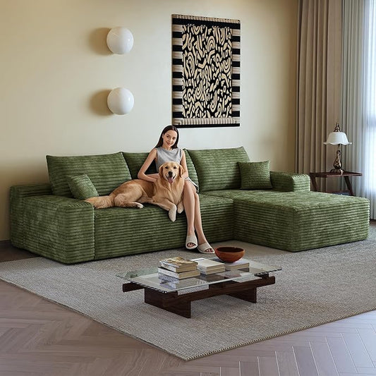 107" Boneless Couch with L Shaped Chaise, Plush Corduroy Sleeper Sectional Sofa, Deep Seat Comfy Couches for Living Room Bedroom, Compressed Foam Cloud Sofas, No Assembly, Right Facing Chaise, Green