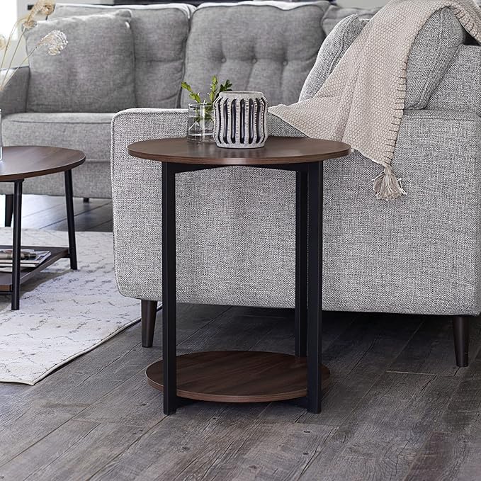 Household Essentials Jamestown Round Side End Table with Storage Shelf Mid Century Walnut Wood Grain and Black Metal