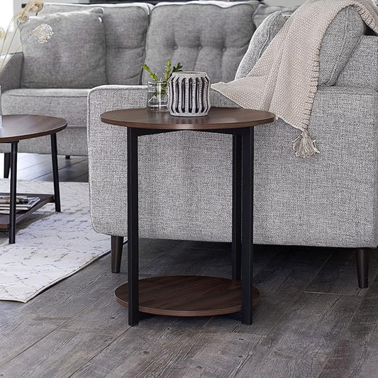 Household Essentials Jamestown Round Side End Table with Storage Shelf Mid Century Walnut Wood Grain and Black Metal