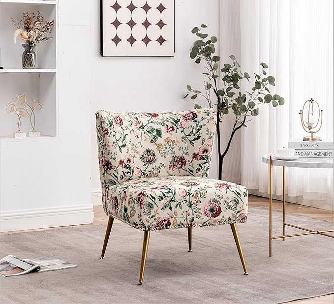 Thia Armless Accent Chair for Living Room, Elegant Seat with Nailhead Trim, Gold Metal Legs and Comfortable Curved Back, 28" D x 25" W x 29.5" H, 03 Floral Print
