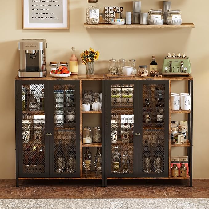 Coffee Bar Cabinet with Storage, Liquor Cabinet Bar with 2 Visible Doors, Small Coffee Station Cabinets, Farmhouse Industrial Buffet Sideboard Cabinets for Home Kitchen, Dining Room, Living Room