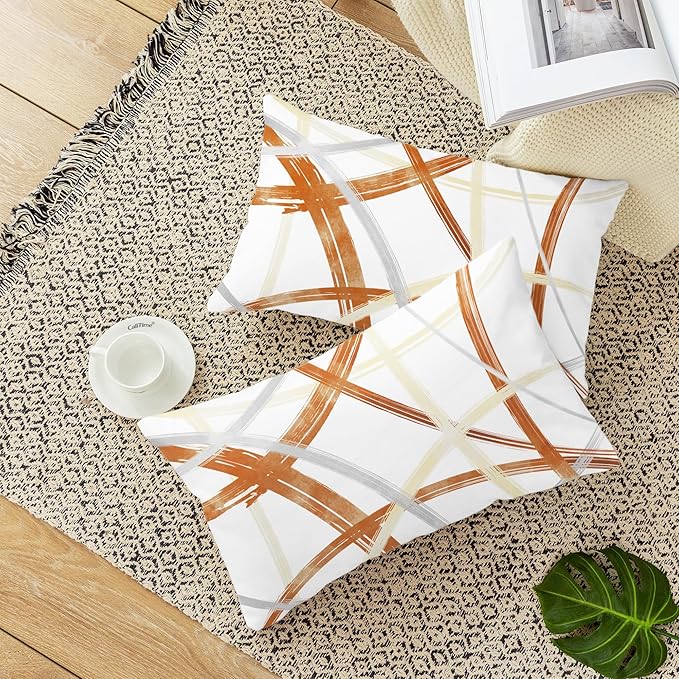 CaliTime Throw Pillow Cases Pack of 2 Cozy Fleece Arc-Shaped Abstract Geometric Lines Decorative Cushion Covers for Couch Bed Sofa Farmhouse Decoration 12 X 20 Inches Burnt Orange Light Gold Grey