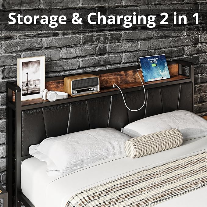 LIKIMIO Full Size Bed Frame, Storage Headboard with Charging Station, Platform Bed with Drawers, No Box Spring Needed, Easy Assembly, Vintage Brown and Black