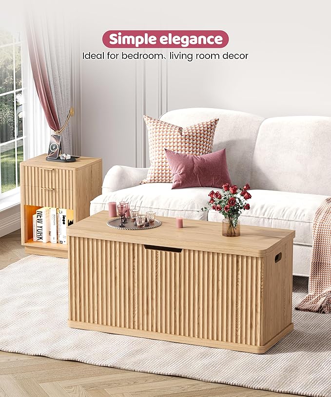 Fluted Storage Chest with 2 Safety Hinges, 37.4" Wooden Storage Trunk, Natural Entryway Bench, for Living Room, Bedroom, Curved Profile, Easy Assembly, Natural Oak