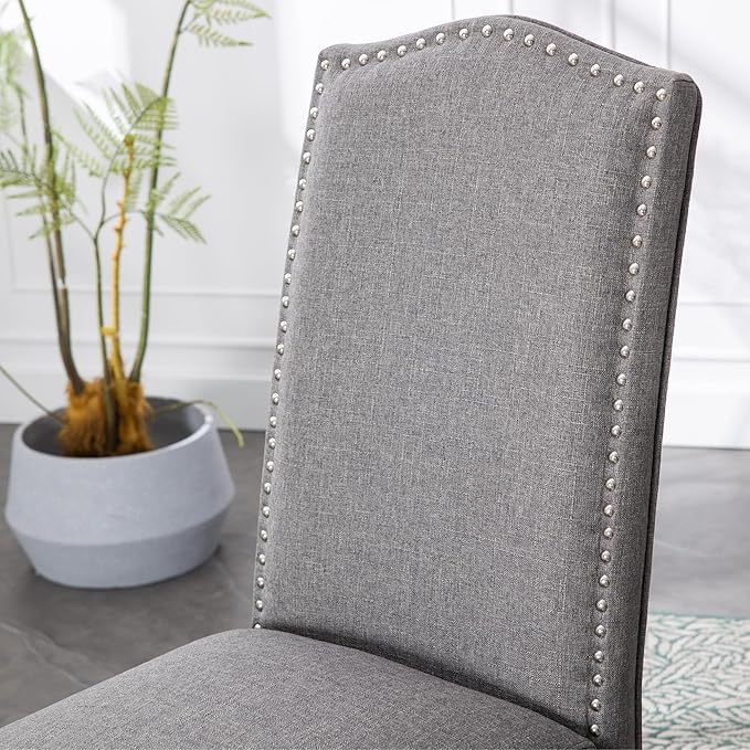 Upholstered Dining Chair Modern Stylish Parsons Kitchen Diner High Back with Silver Nailhead Trim & Wood Legs, Set of 2, Fabric Classic Grey