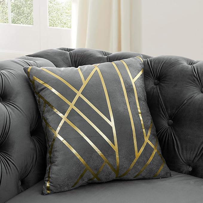 KEIKI 111" L-Shaped Luxury Velvet Chesterfield Sectional Sofa with Gold Stainless Steel Accents and 7 Pillows, Mid-Century Oversized 5-Seater Button Tufted Couch, Easy Assembly, for Living Room, Grey