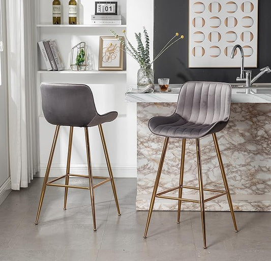 Sidanli Gold Bar Stools Set of 2, 29” Velvet Barstools, Kitchen Chairs for Bar Height with Back and Footrest, Gray