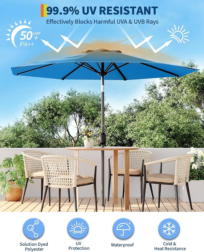 GarveeLife Outdoor Patio Umbrella, Table Market Umbrella with Push Button Tilt and Crank, 8 Sturdy Ribs UV Protection Waterproof for Garden, Deck, Backyard, Pool