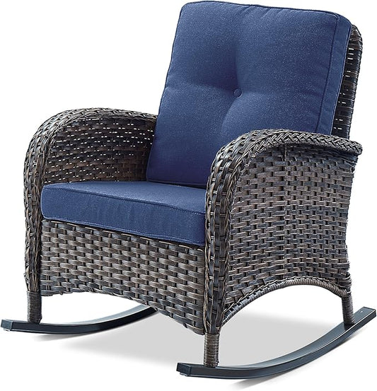Belord Patio Rocking Chair Wicker Chair, 1 Piece Outdoor Rocking Chair Seating with Cushions for Porch Deck Balcony, Brown/Blue