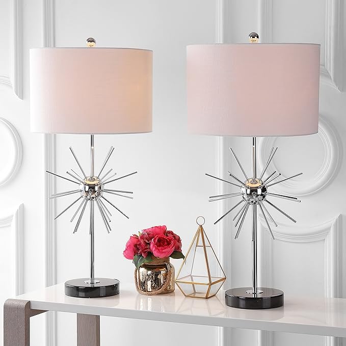 JONATHAN Y 31.5" Chrome Metal and Marble Starburst LED Table Lamp Set of 2, Mid-Century Modern Glam Lamp for Living Room Bedroom, White Linen Shade, LED Bulbs Included JYL2011A-SET2