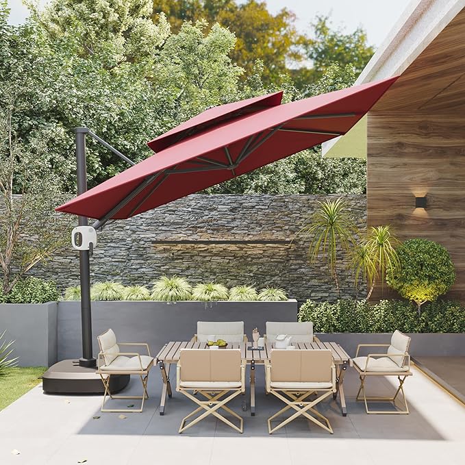 EAST OAK and Flame&Shade Patio Umbrella, 10ft Square Outdoor, Large Offset Cantilever Umbrella with 360° Rotation, Heavy Duty Windproof and UV Resistant Double Top for Pool and Deck, Wine Red
