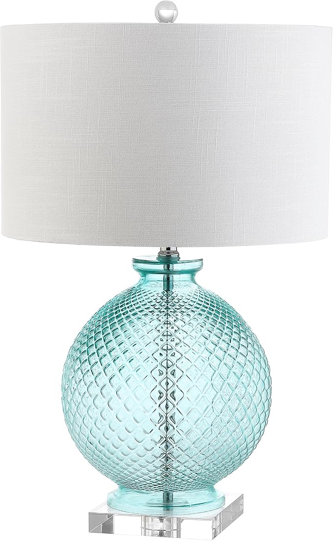 JONATHAN Y 26" Aqua Diamond-Etched Glass and Crystal Table Lamp, Coastal Transitional Bedside Lamp with White Linen Drum Shade for Living Room, LED Bulb Included JYL2003A
