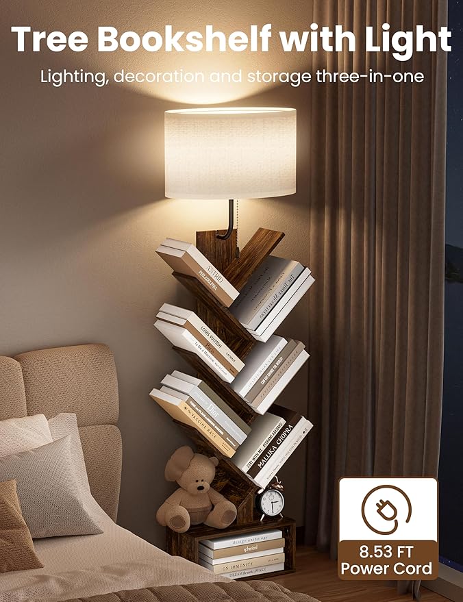 6 Tier Tree Bookshelf with Light, Corner Tall Narrow Bookshelf, Small Bookcase with Storage Cabinet,Floor Standing Bookshelves Organizer for Bedroom/Living Room/Home Office, Rustic Brown