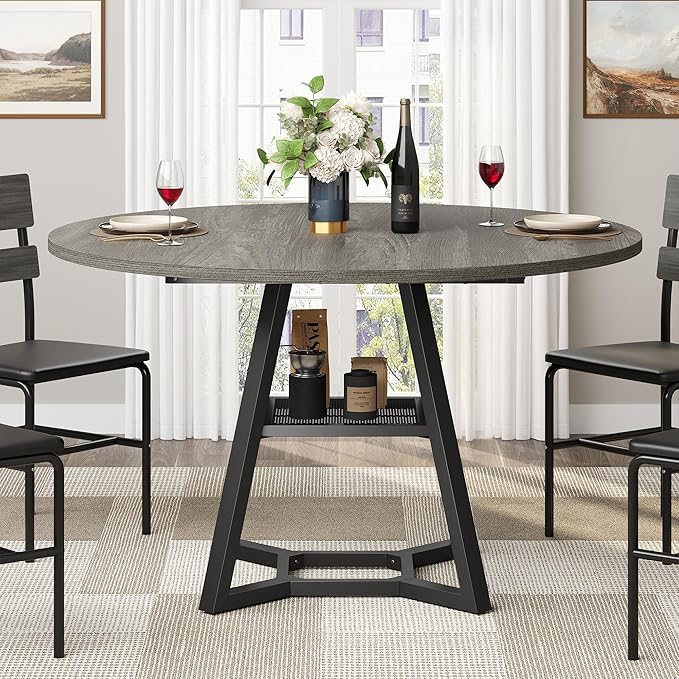 Round Dining Table for 4, Kitchen Tables Dining Room Circle Dinner Table with Pedestal Metal Frame, Space Saving Wood Industrial Kitchen & Dining Room Tables, Grey 47In