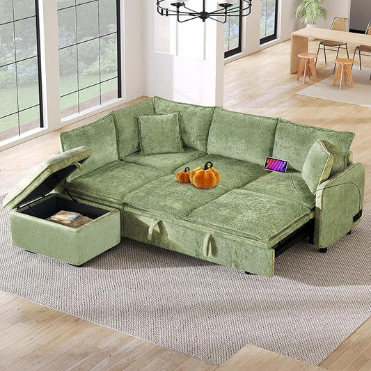 ERYE 82.5-Inch Left Facing Corner Sleeper Sectional Sofa Bed for Living Room Office,L-Shaped Chenille Upholstered Convertible Pull Out Sleeper Couch Bed W/Storage Ottoman | USB-C Ports