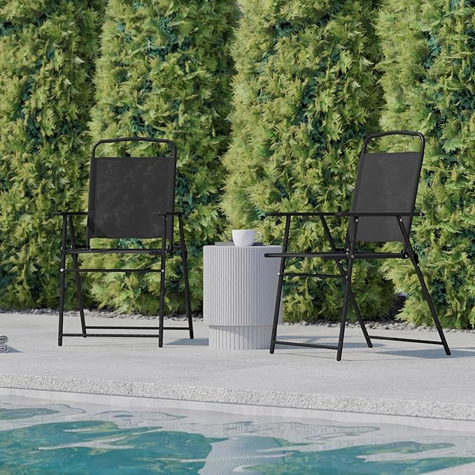 Flash Furniture Mystic Folding Patio Sling Chairs, Outdoor Textilene Lawn Chairs with Armrests, Set of 4, Black
