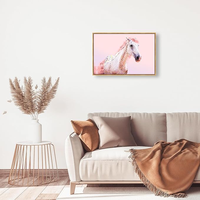 Country Farmhouse Canvas Print Painting Animal Wall Art 'Pink Glam Horse' Gold Framed Canvas Rustic Home Décor 36x24 in Pink, White by Oliver Gal
