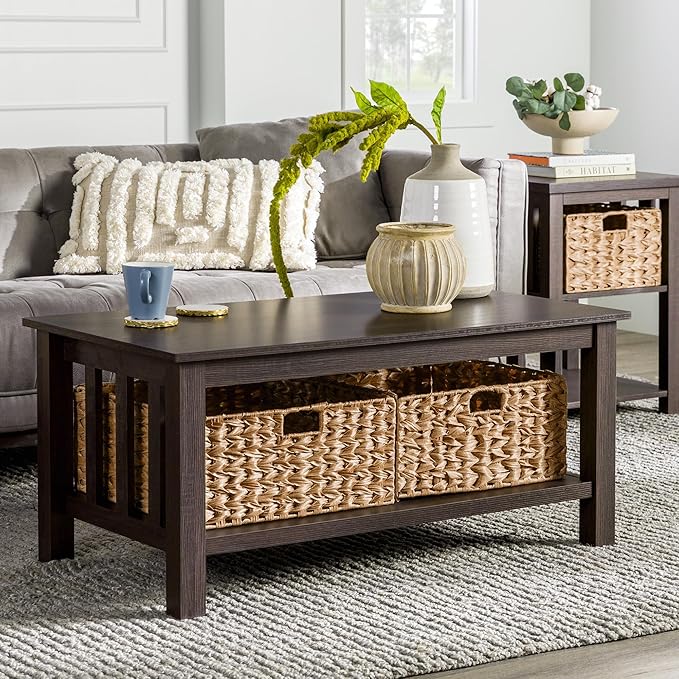 Walker Edison Alayna Mission Style Two Tier Coffee Table with Rattan Storage Baskets, 40 Inch, Espresso