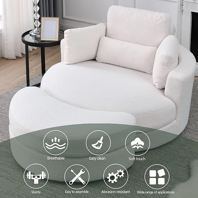 HomSof Swivel Accent Barrel Modern Sofa Lounge Club Big Round Chair with Storage Ottoman Linen Fabric for Living Room Hotel with Pillows，White