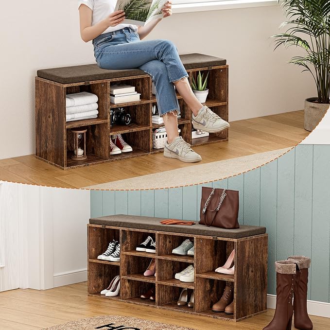 Shoe Bench, Storage Bench with Padded Seat, 10 Cubbies Storage Entryway Bench, for Living Room, Bedroom, Hallway,Brown