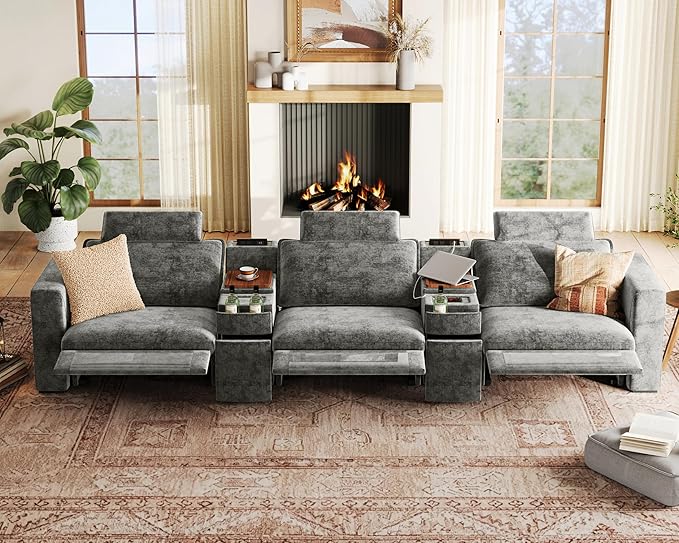 152.4" Power Recliner Sofa Wall Hugger, Modular Cloud Sectional Reclining Couch with Headrest, Storage Drawer Charging Cup Holder, 3-Seater with 2 Consoles for Home Theater Living Room, Chenille, Grey