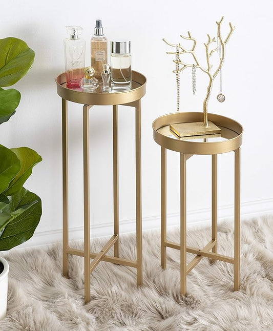 Kate and Laurel Celia Side Tables, Set of 2, Gold with Mirror Tabletop, Decorative Modern Glam End Table