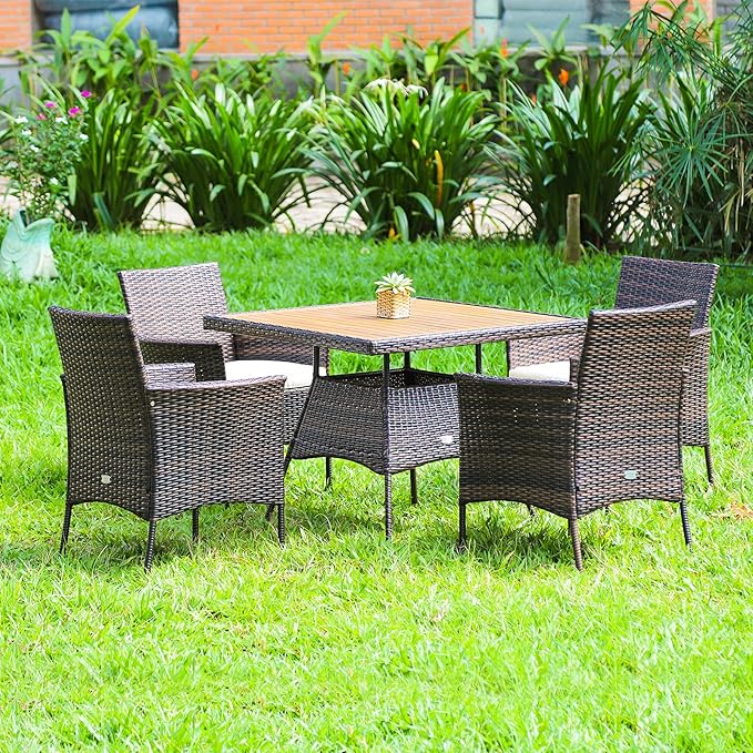 Tangkula 5 Pieces Wicker Patio Dining Set, Outdoor Acacia Wood Dining Furniture with 4 Armrest Chairs & 1 Dining Table, Rattan Conversation Set with Cushions & Umbrella Hole for Backyard Garden Porch