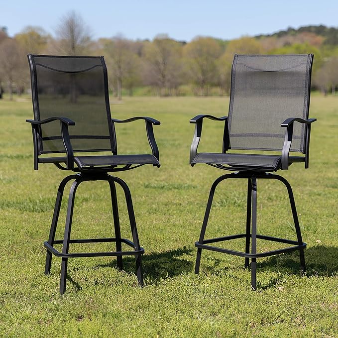Flash Furniture Valerie All-Weather Swivel Patio Barstools with Footrest and Armrests, Modern Sling Outdoor Bar Height Stools, Set of 2, Black