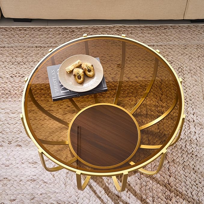 Saint Mossi Glass Round Coffee Table for Living Room, Modern 2-Tier Gold Drum Center Table, Brown Glass Top, Walnut Shelf with Gold Finish Legs & Frame, W30xH16.5