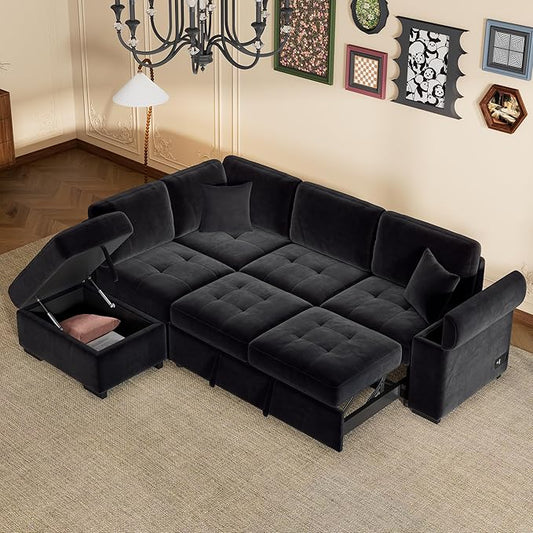 Merax Sofa Bed Sleeper Couch L Shaped Sofa with Storage Ottoman, L-Shape Sectional Couch with Comfortable backrest for Living Room and Small Apartment (Black)