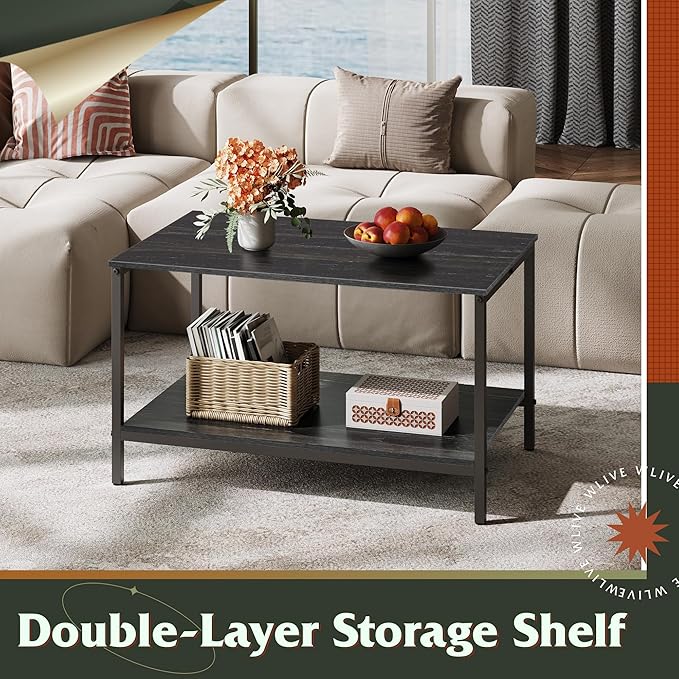 WLIVE Small Coffee Table for Living Room, 31.3" Modern Industrial Coffee Table with Storage Shelf & Metal Frame, 2-Tier Wood Center Table for Small Spaces Apartment, Home, Charcoal Black