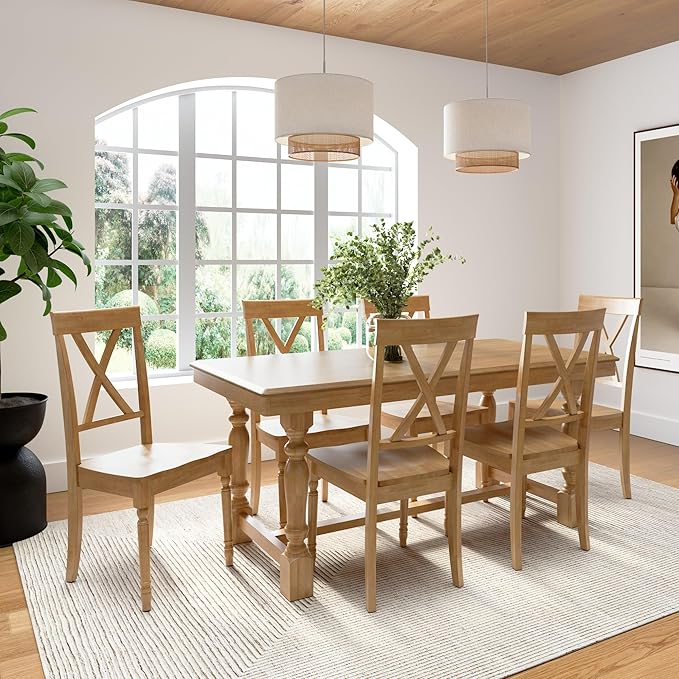 Bush Home Rectangular Dining Table Set for 6, with 67 inch Squire Trestle, Cross Back Dining Chairs, Farmhouse Decor, Sterling Collection, Light Brown and White
