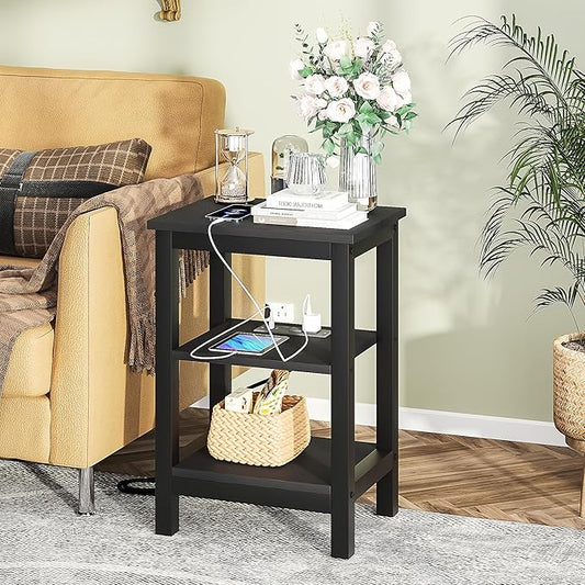 VECELO Modern Nightstands with Charging Station,Side End Table Night Stand with Storage Shelf for Small Spaces, Bedroom,Living Room