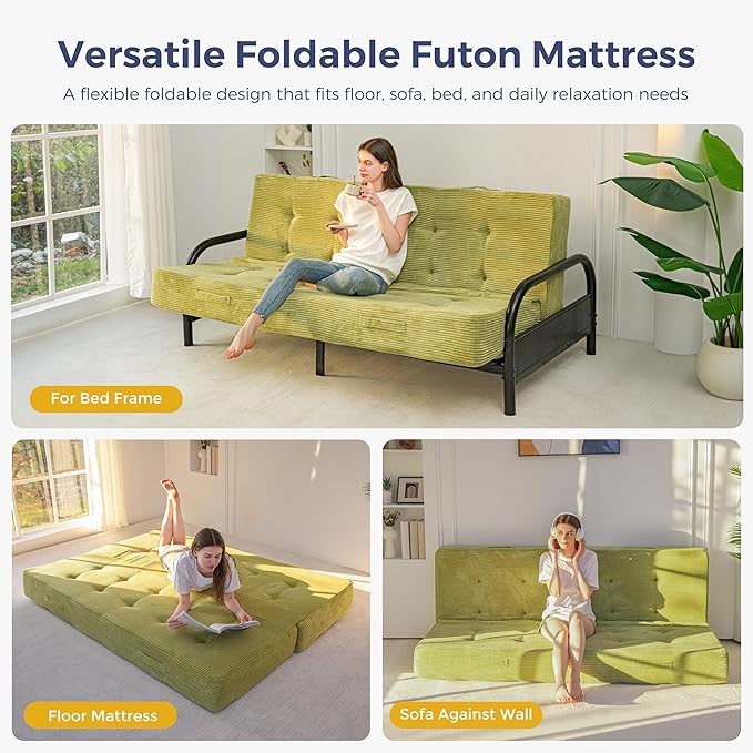 MAXYOYO 8" Foldable Floor Sofa Bed, Tufted Foldable Couch Bed Thick Folding Mattress with Handles, Versatile Folding Sofa Couch for Floor Sleeping, Living Room & Guest Room, Green