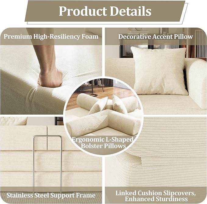 59'' Convertible Compressed Corduroy Folding Cloud Sofa Bed, Modern Boneless Pull Out Loveseat Sleeper in a Box, 4 in 1 Floor Mattress Futon Cloud Couch, No Assembly Needed, Beige, 2 Pillows, Queen