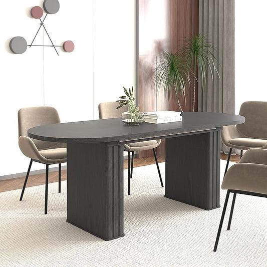 KEIKI 63" to 78.7" Extendable Oval Kitchen Table, Dining Table for 4-8 with Wooden Strip Base, Modern Farmhouse Kitchen Dining Table for Living Room, Black