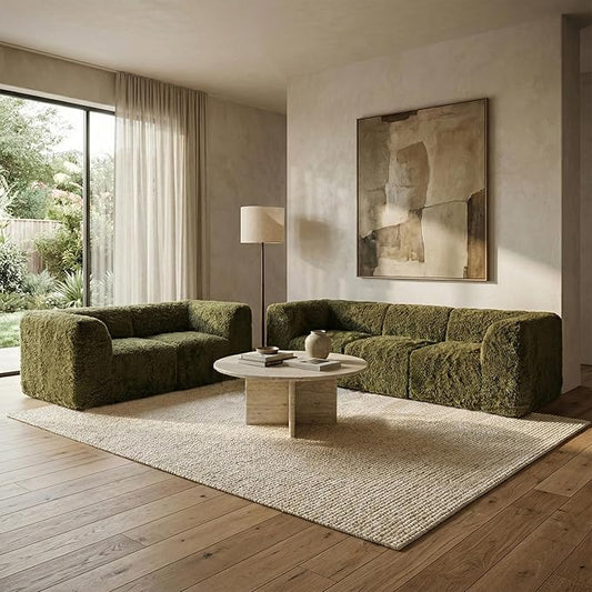 Furniture of America Havyn Modern Faux Fur 5-Seater Modular Sofa and Foam Loveseat Set with Arms & Deep Seat, Compressed Couch in a Box, No Assembly Required, for Living Room and Office, Olive Green