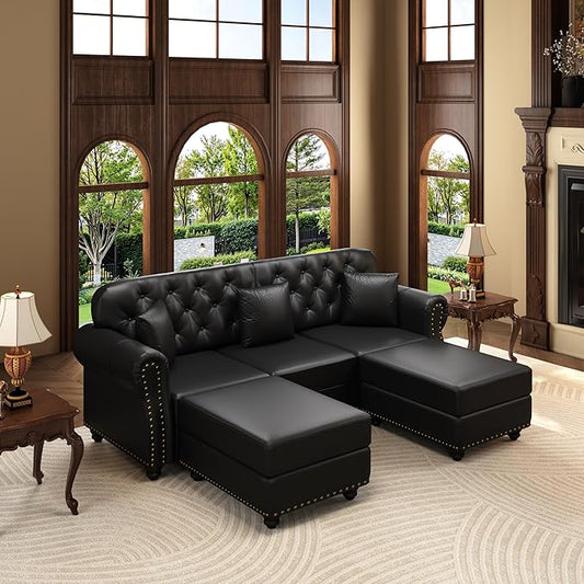KEIKI 83" Faux Leather Chesterfield Sofa with Rolled Arms & Nailhead Trim & 2 Ottoman, 3-Seater Button Tufted Couch with High Resilience Cushion & 3 Pillow, Easy Assembly, for Living Room, Black