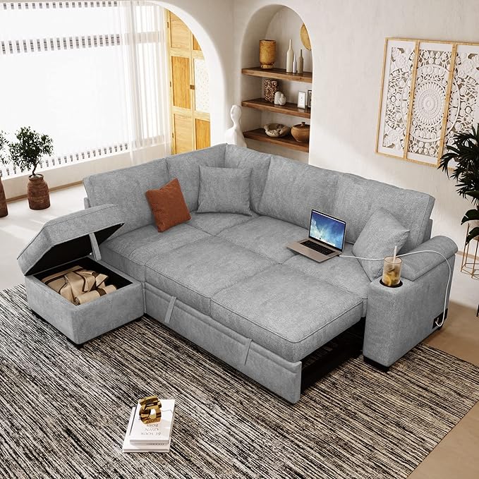 Merax Sofa Bed Sleeper Couch L Shaped Sofa with Storage Ottoman and Cup Holder, L-Shape Sectional Couch with Comfortable backrest and Charging Function for Living Room and Small Apartment (Gray)