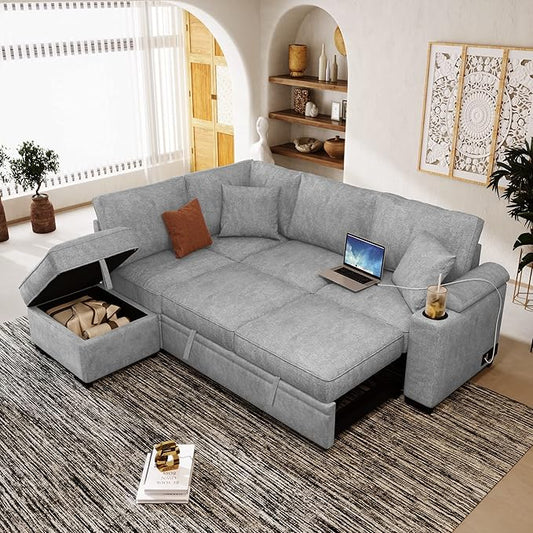 Merax Sofa Bed Sleeper Couch L Shaped Sofa with Storage Ottoman and Cup Holder, L-Shape Sectional Couch with Comfortable backrest and Charging Function for Living Room and Small Apartment (Gray)