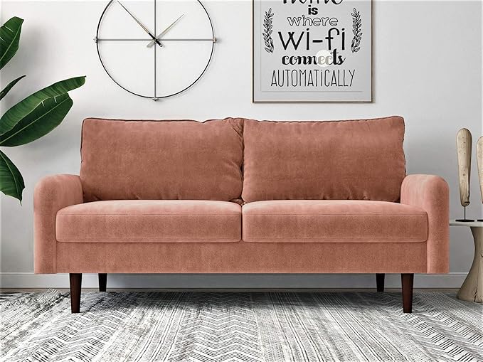 Container Furniture Direct Americus Velvet Upholstered Sofa and Loveseat Set, Couches for Living Room with Luxurious Mid Century Modern Design and Wooden Base, 2 Piece, Rose