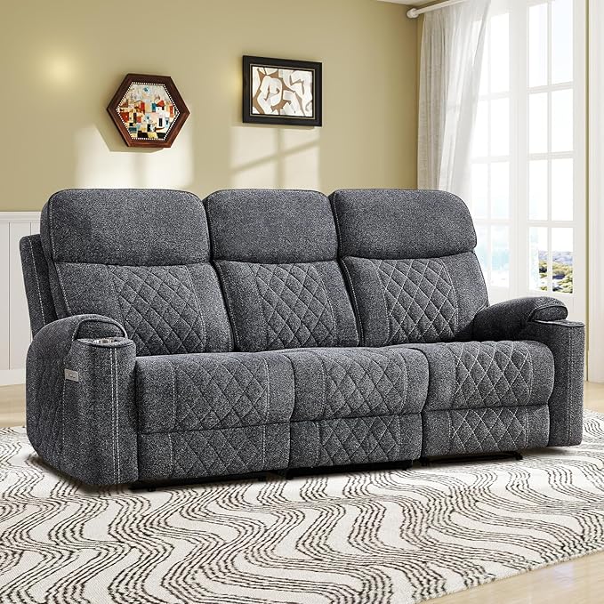 EBELLO Power Reclining Sofa Couch, Fabric Electric Recliner 3 Seater Sofa with Cup Holders, USB and Type-C Charging Ports and Storage Space, 3 Seats for Small Living Room, Bedroom, Meeting Room, Grey
