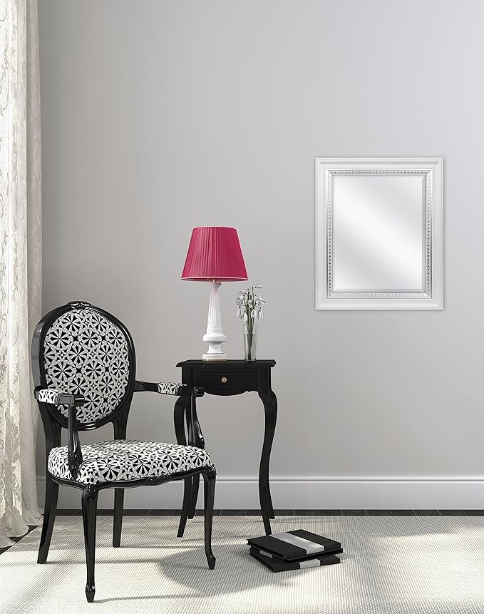 MCS 16x20 Large Wall Mirror, White Woodgrained Frame with Silver Embossed Detail & Beveled Detail Mirror, Vertical & Horizontal Wall Hanging Mirror for Bathroom, Bedroom & Livingroom