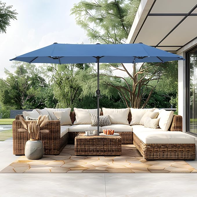 PHI VILLA 13ft Large Patio Umbrellas, Double-Sided Outdoor Market Rectangle Umbrella for Outside, Haze Blue
